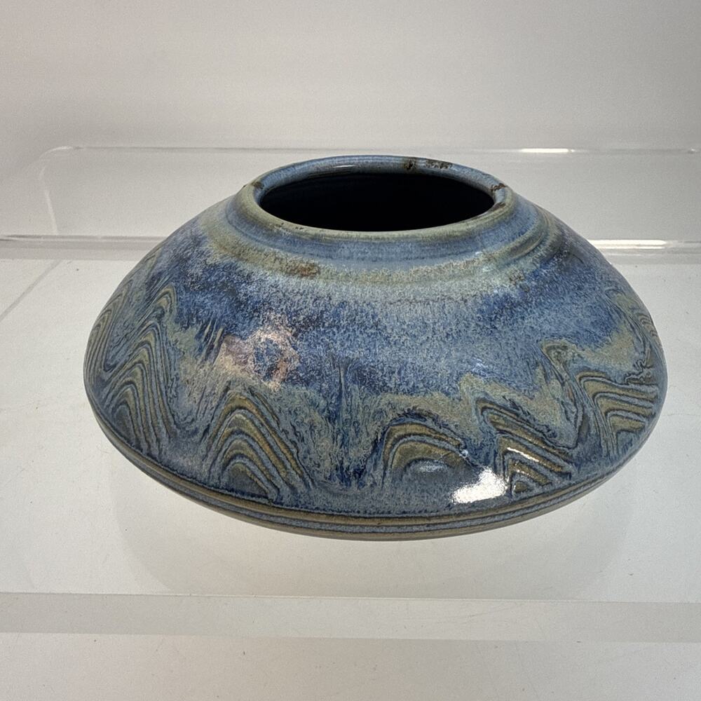 2008 Signed Blues Jack Boyle Squat Vase w/ Flower Frog, Ikebana Arranging